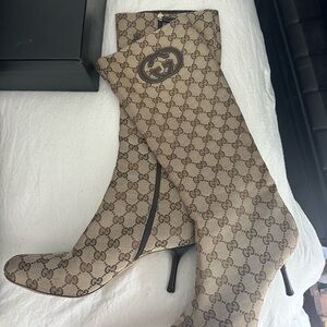 Gucci Beige Monogram Heeled Boots